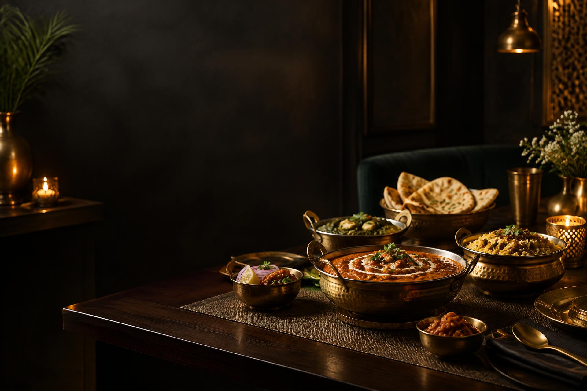 A candlelit table set with Indian dishes